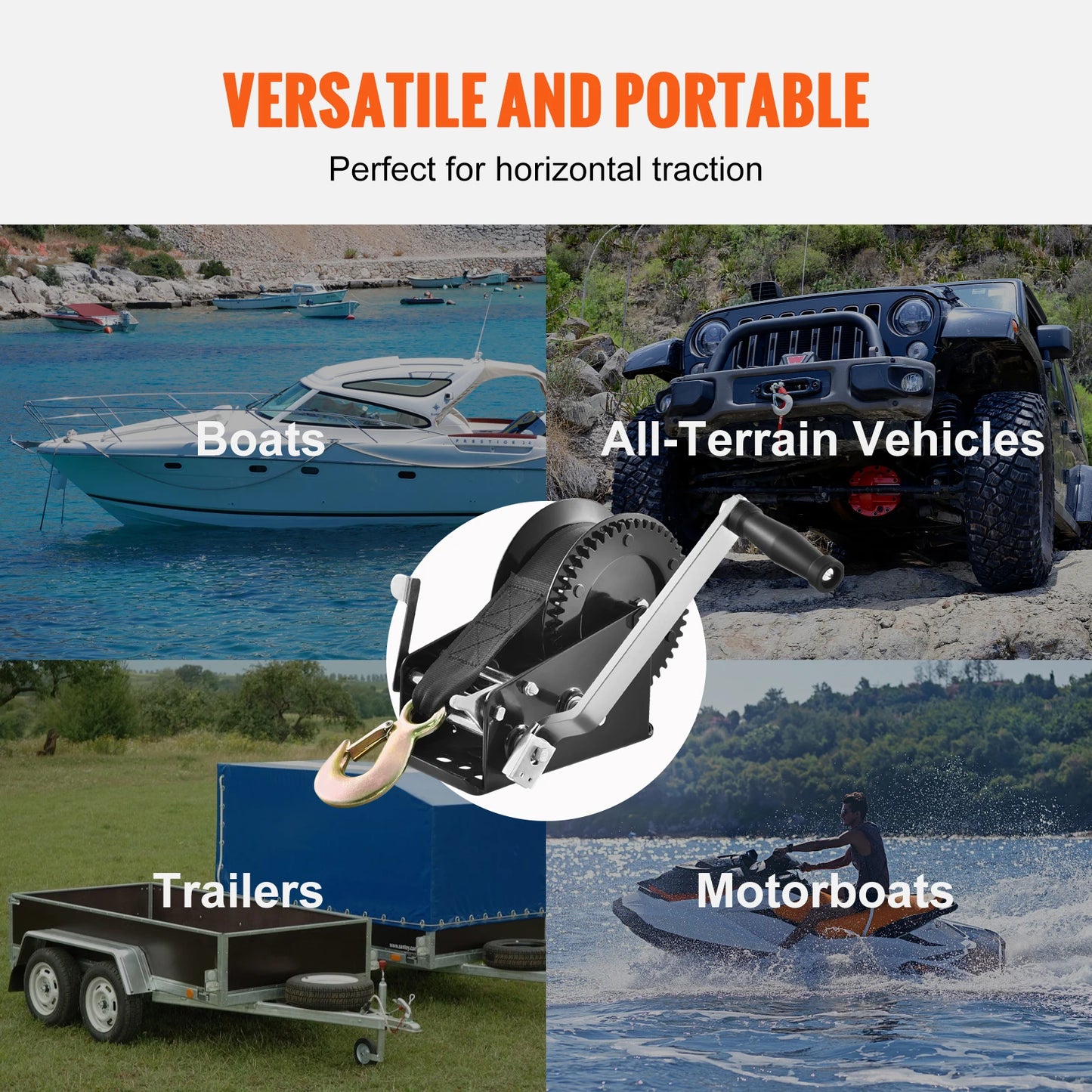 Hand Winch Boat Trailer, Heavy Duty Polyester Strap and Two-Way Ratchet Manual Operated Hand Crank