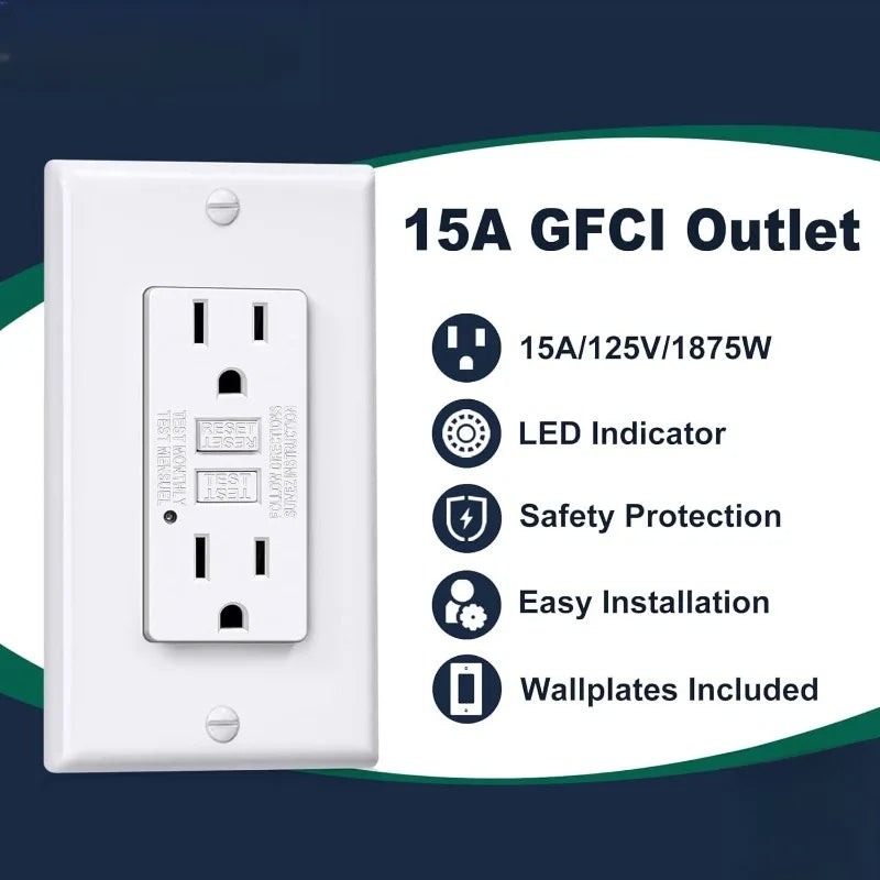 GFCI Outlet 15 Amp, GFI with LED Indicator, Ground Fault Circuit Interrupter. 10 Pack