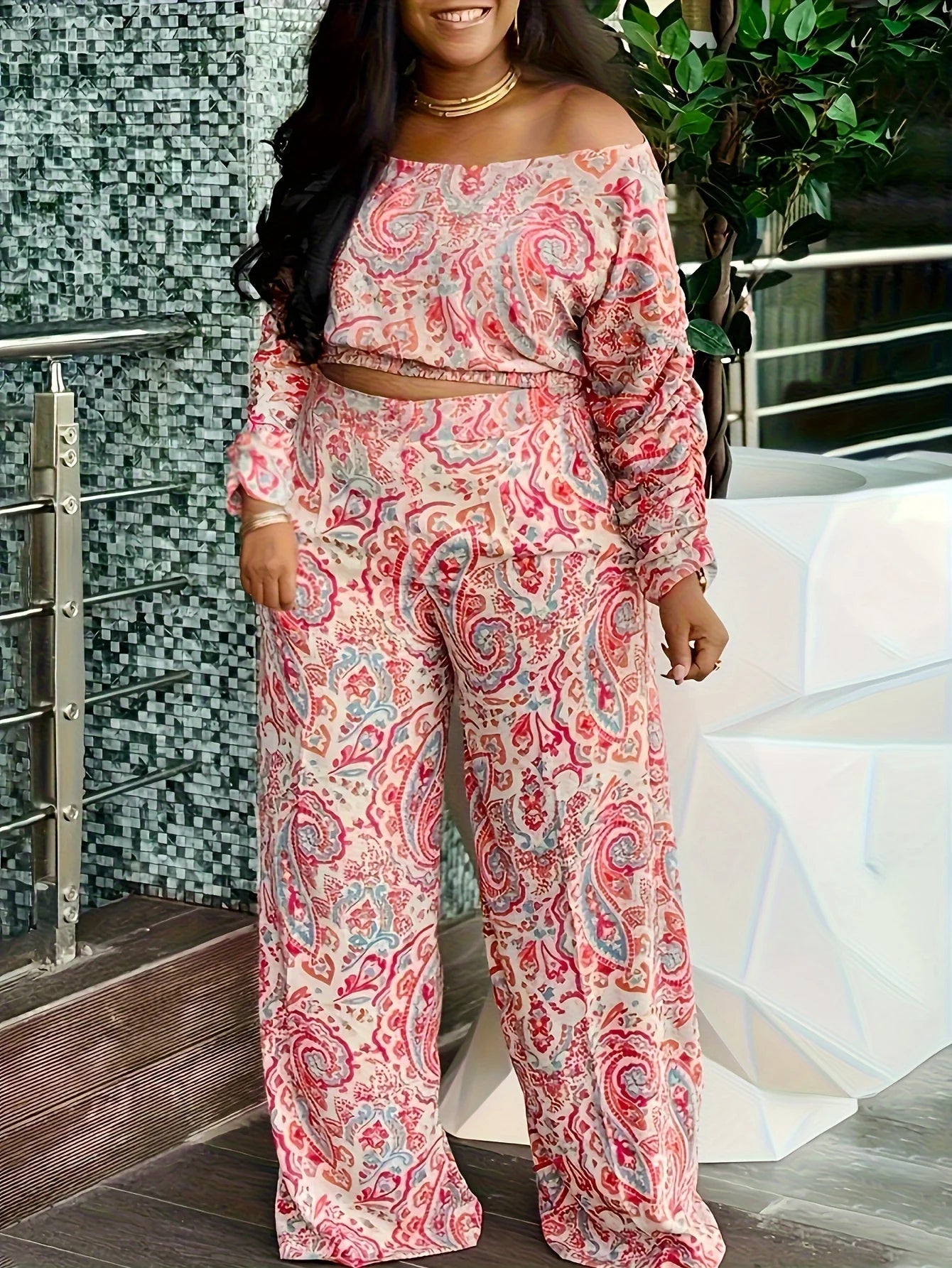 Casual Mix and Match Printed Off-shoulder Long-sleeved Two-piece Suit