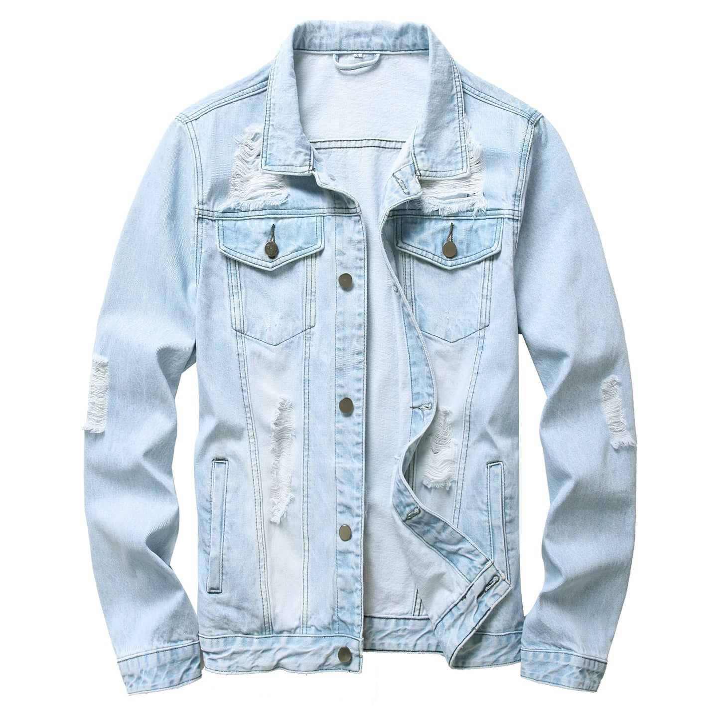 Men's Light Blue Ripped Denim Jacket, Classic Fashion Slim Fit Jacket