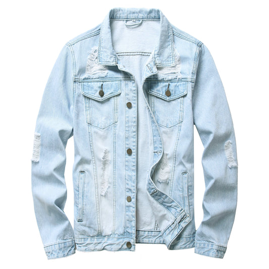 Men's Light Blue Ripped Denim Jacket, Classic Fashion Slim Fit Jacket