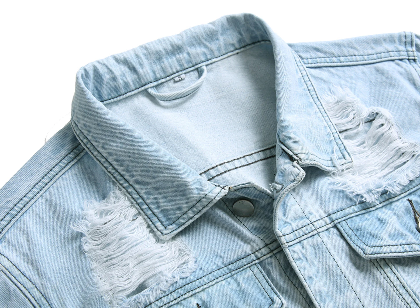 Men's Light Blue Ripped Denim Jacket, Classic Fashion Slim Fit Jacket
