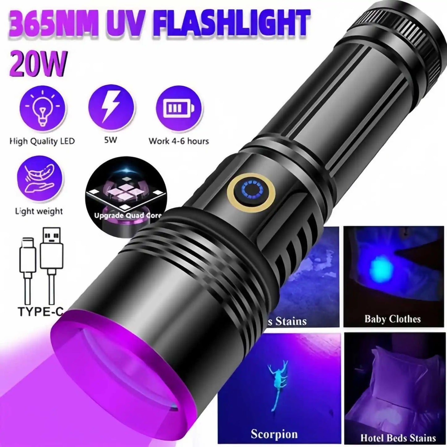 20W UV Black Light Flashlight -365nm USB Rechargeable. Pet Urine Detector, Gem and Money Detector, Stain Detector, etc