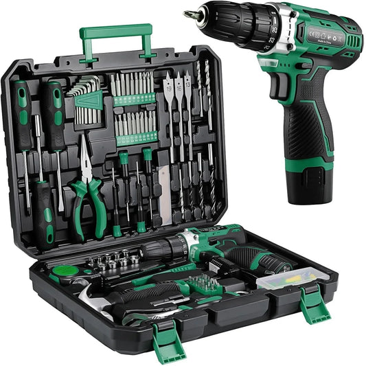 138 Pcs Power Tool Set with 12V Cordless Drill, Home DIY Repairs and Maintenance
