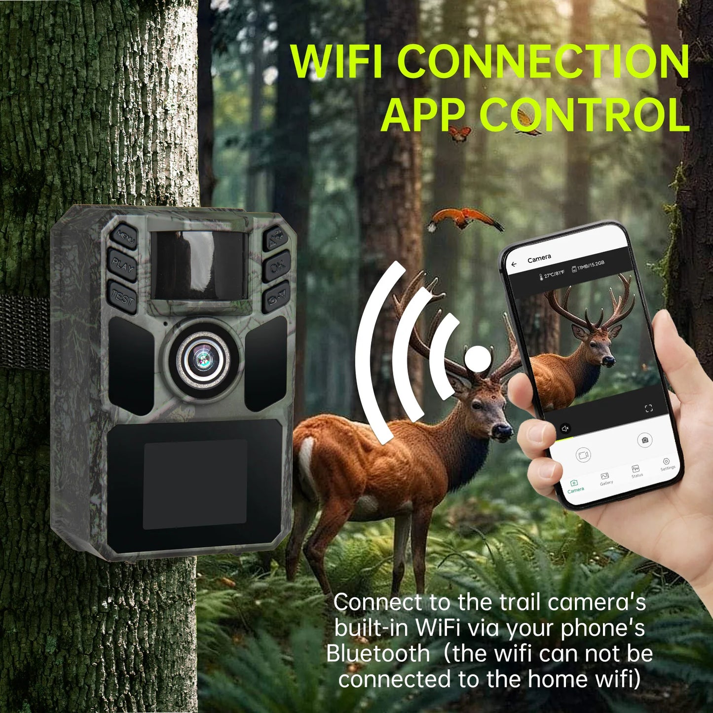 WiFi Trail Camera Solar Trail Cam - Rechargeable Trail Camera Built-in 5000mAh Battery 4K 64MP Hunting Camera with Night Vision