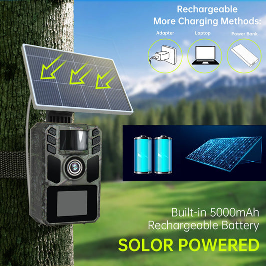 WiFi Trail Camera Solar Trail Cam - Rechargeable Trail Camera Built-in 5000mAh Battery 4K 64MP Hunting Camera with Night Vision
