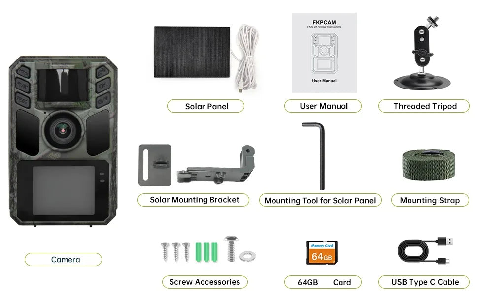 WiFi Trail Camera Solar Trail Cam - Rechargeable Trail Camera Built-in 5000mAh Battery 4K 64MP Hunting Camera with Night Vision