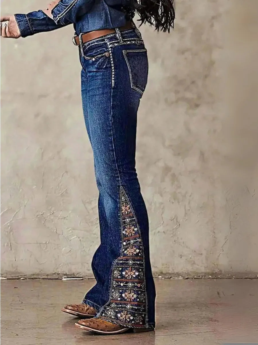 Women's Printed Paisley Bootcut Jeans, Elegant Printed Flora Pants