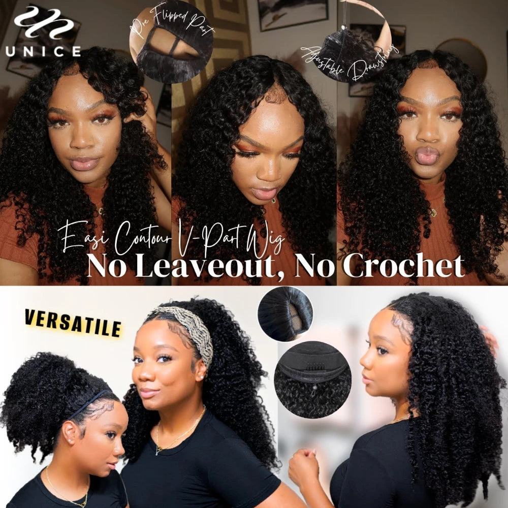 Kinky Curly V Part Wig With Drawstring Fit For All Head Sizes, No Glue Clip-In