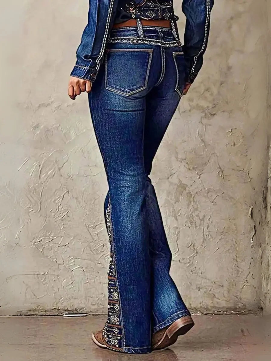 Women's Printed Paisley Bootcut Jeans, Elegant Printed Flora Pants