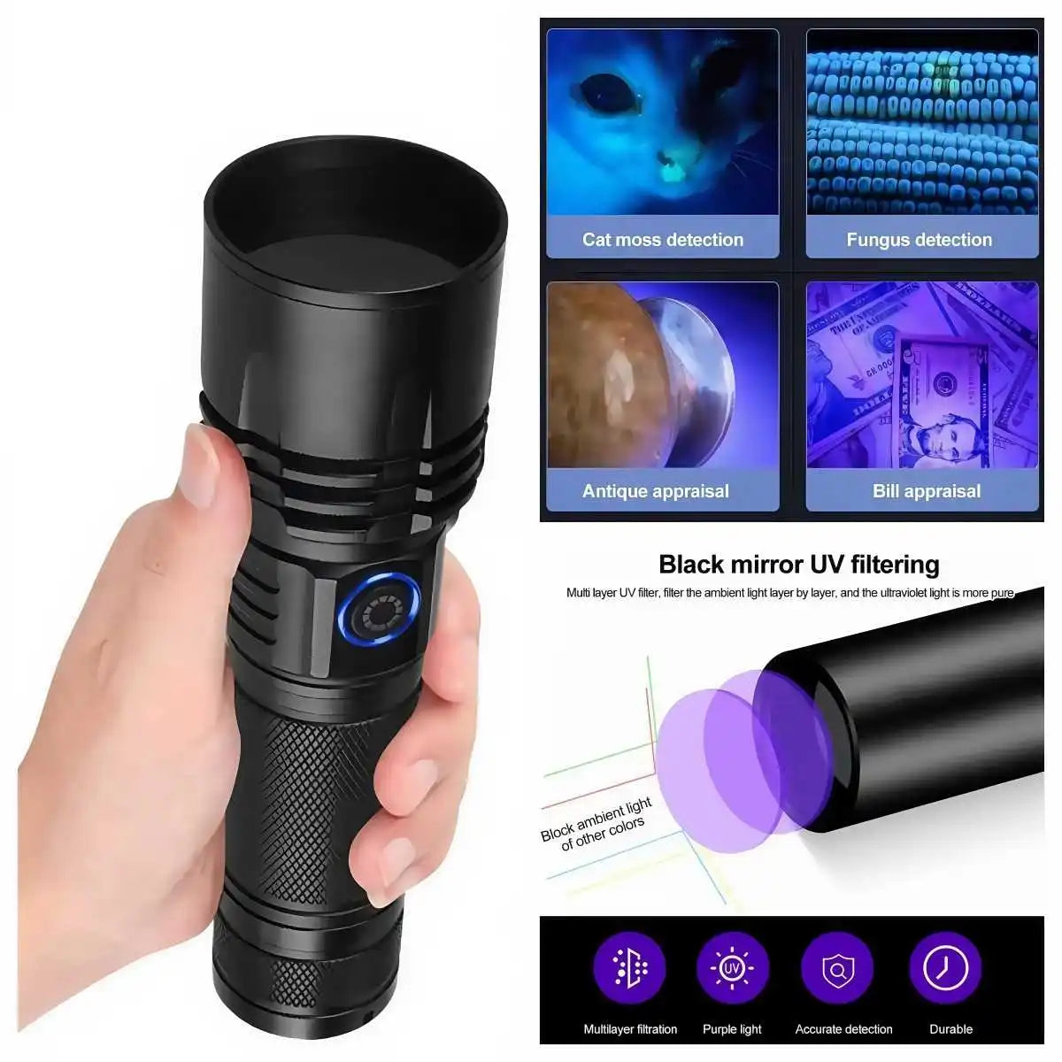 20W UV Black Light Flashlight -365nm USB Rechargeable. Pet Urine Detector, Gem and Money Detector, Stain Detector, etc