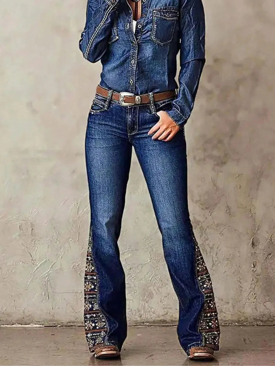 Women's Printed Paisley Bootcut Jeans, Elegant Printed Flora Pants