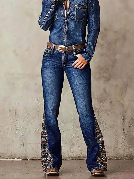 Women's Printed Paisley Bootcut Jeans, Elegant Printed Flora Pants