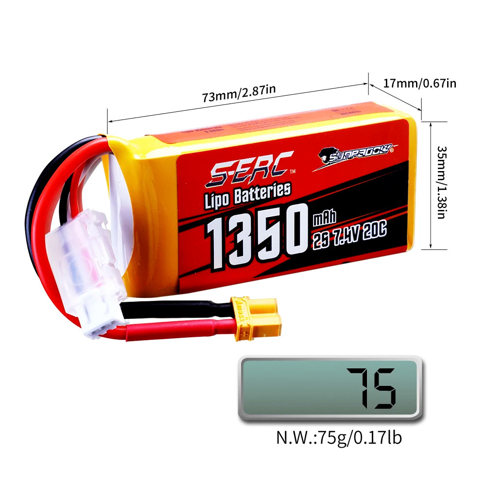 Lipo Battery 900mAh 1350mAh 7.4V 20C 25C Soft Pack with JST XT30 Plug for RC Airplane, Quadcopter, 2packs