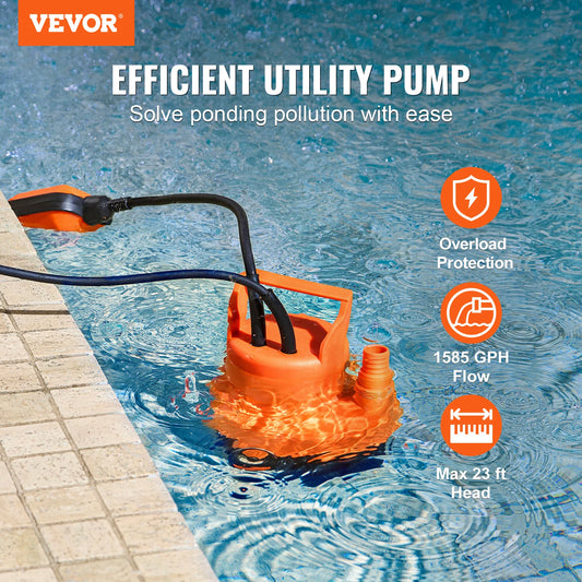 Utility Pump 1585/2510/4000 GPH, High Flow Sump Pump, Submersible Water Pump with 10ft Long Power Cord for Draining Water