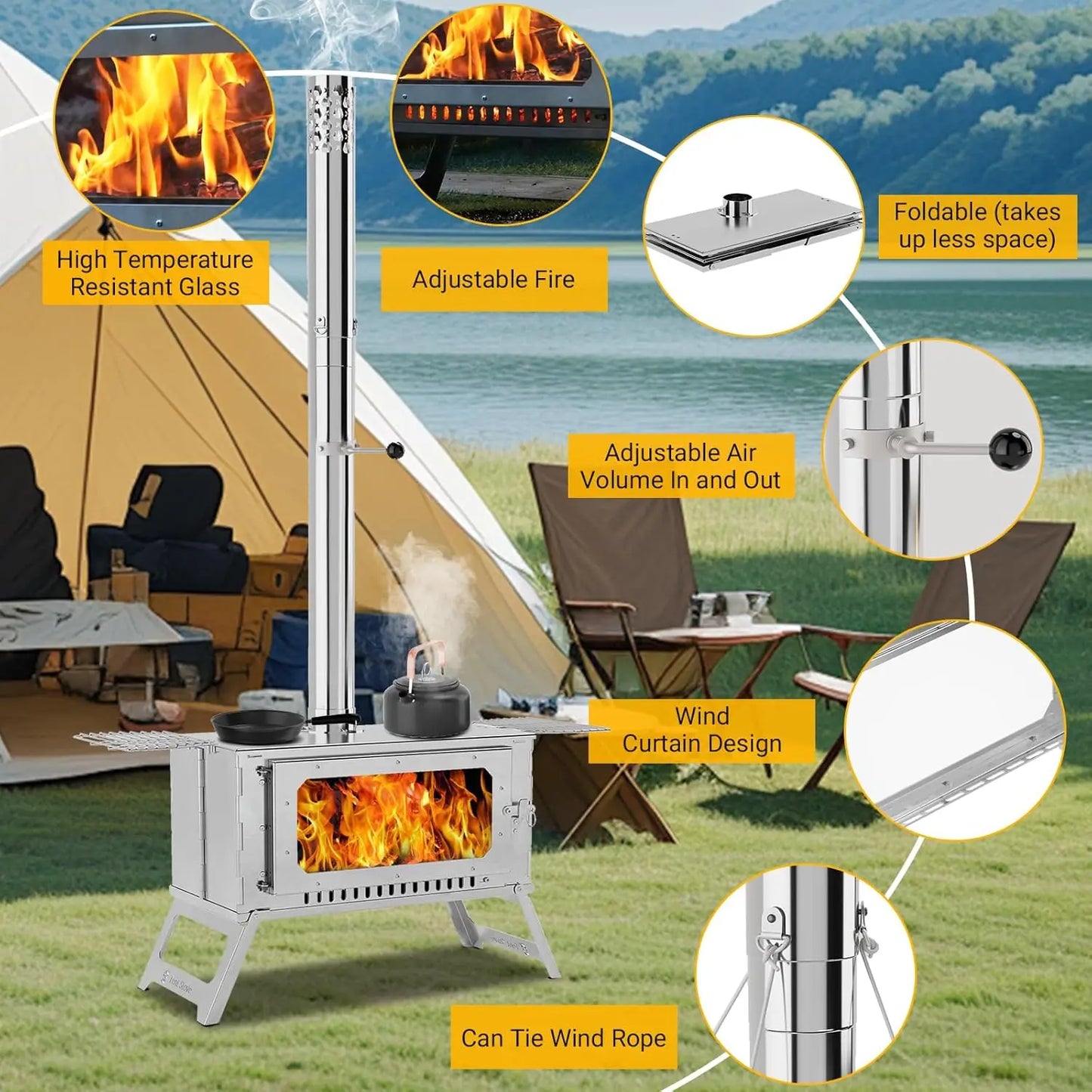 Hot Stove, Wood Burning Stove, Portable Stainless Wood Stove with Cooking Grill for Outdoor Camping Cooking and Heating