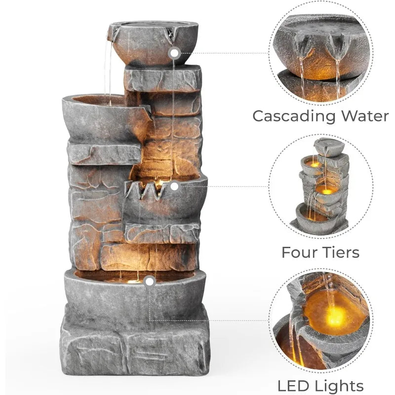33 inch Cascading Bowls and Stacked Stones LED Outdoor Water Fountain