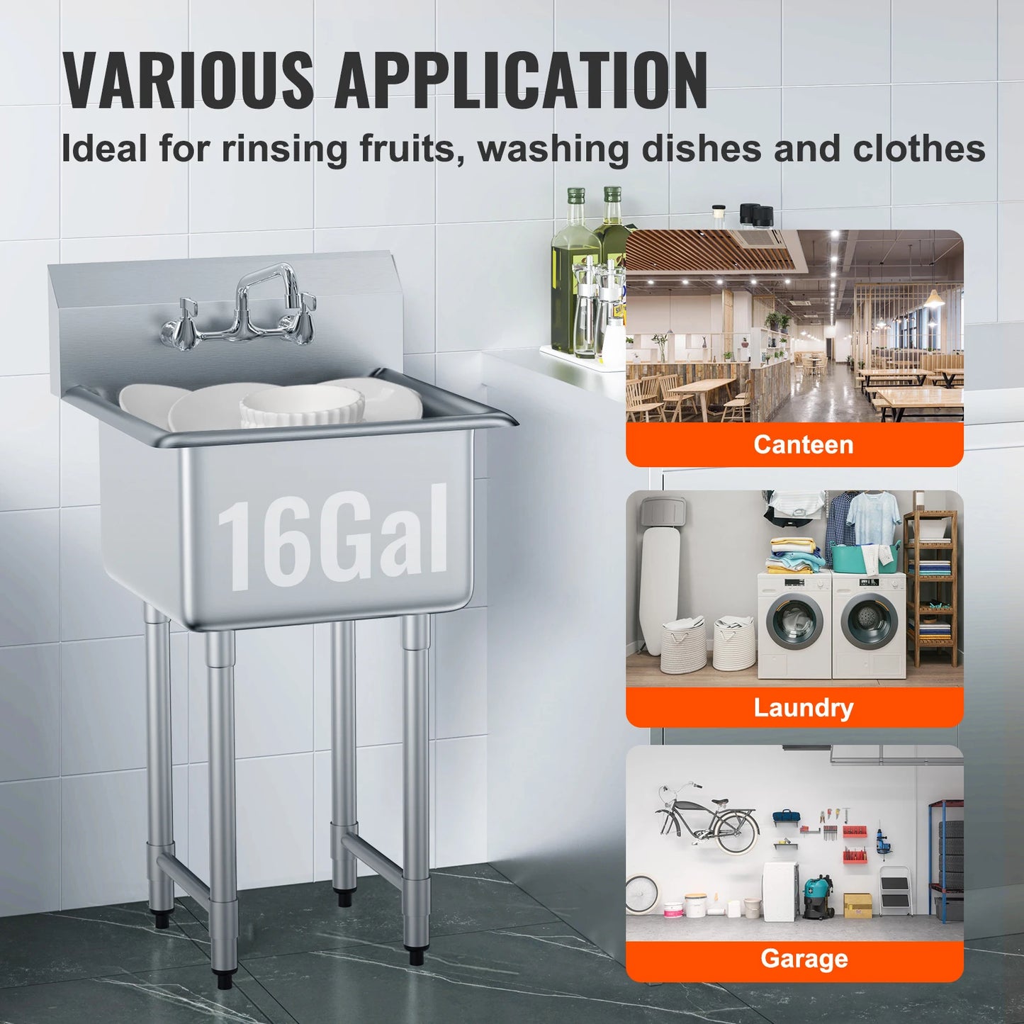 Stainless Steel Prep & Utility Sink, Free Standing Small Sink. Commercial Single Bowl Sinks for Garage Restaurant Kitchen