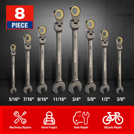 WORKPRO 8pcs Flex-Head Ratcheting Combination Wrench Set SAE 5/16-3/4 in 72-Teeth CR-V Constructed