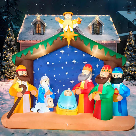8 FT Long Christmas Inflatables, Nativity Scene Set with Build-in LEDs for Xmas Party Yard Décor