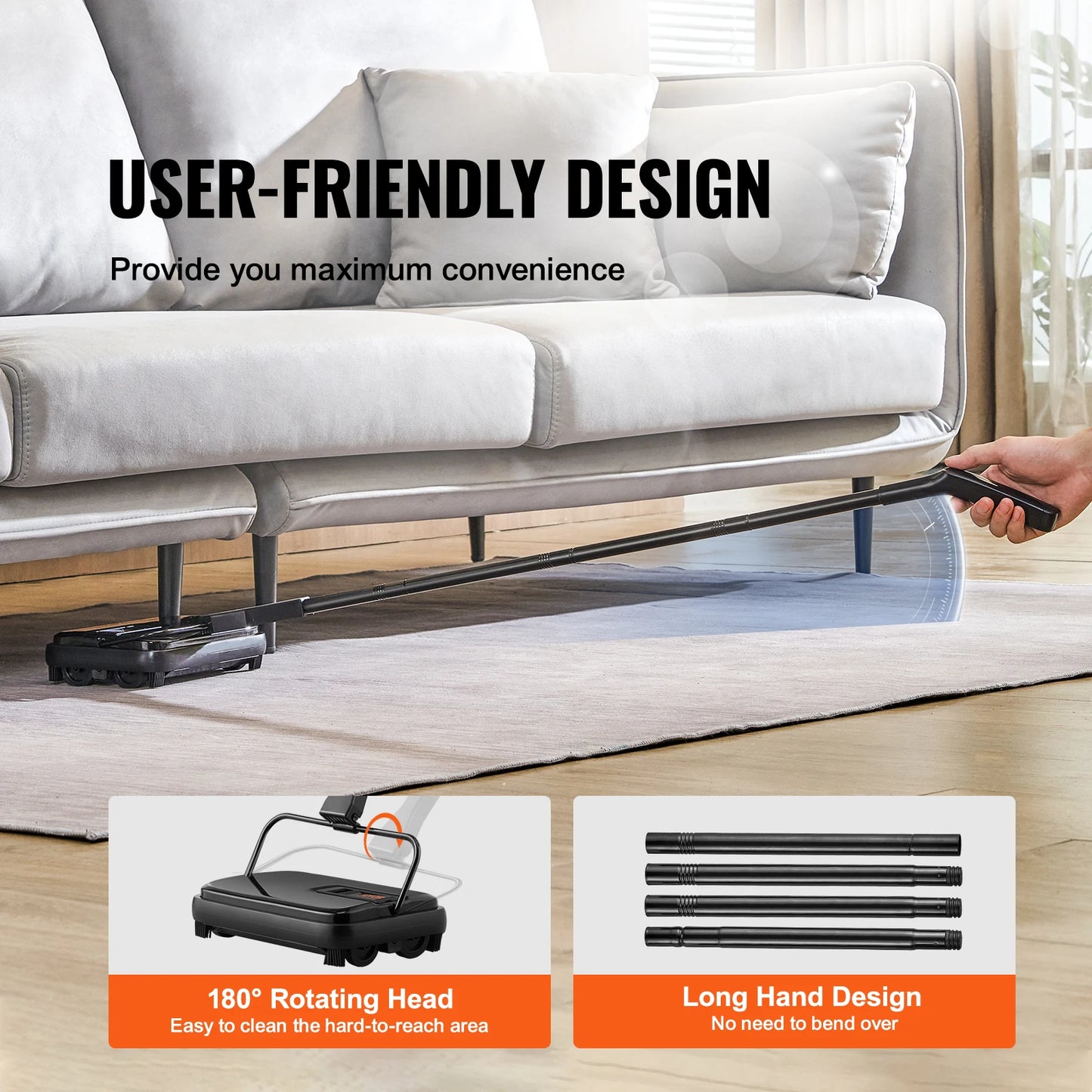 Manual Carpet Sweeper, 7.87 in Sweeping Paths 300ml Dustbin Capacity w/ Comb for Home Rugs, Hardwood Surfaces, Wood Floors