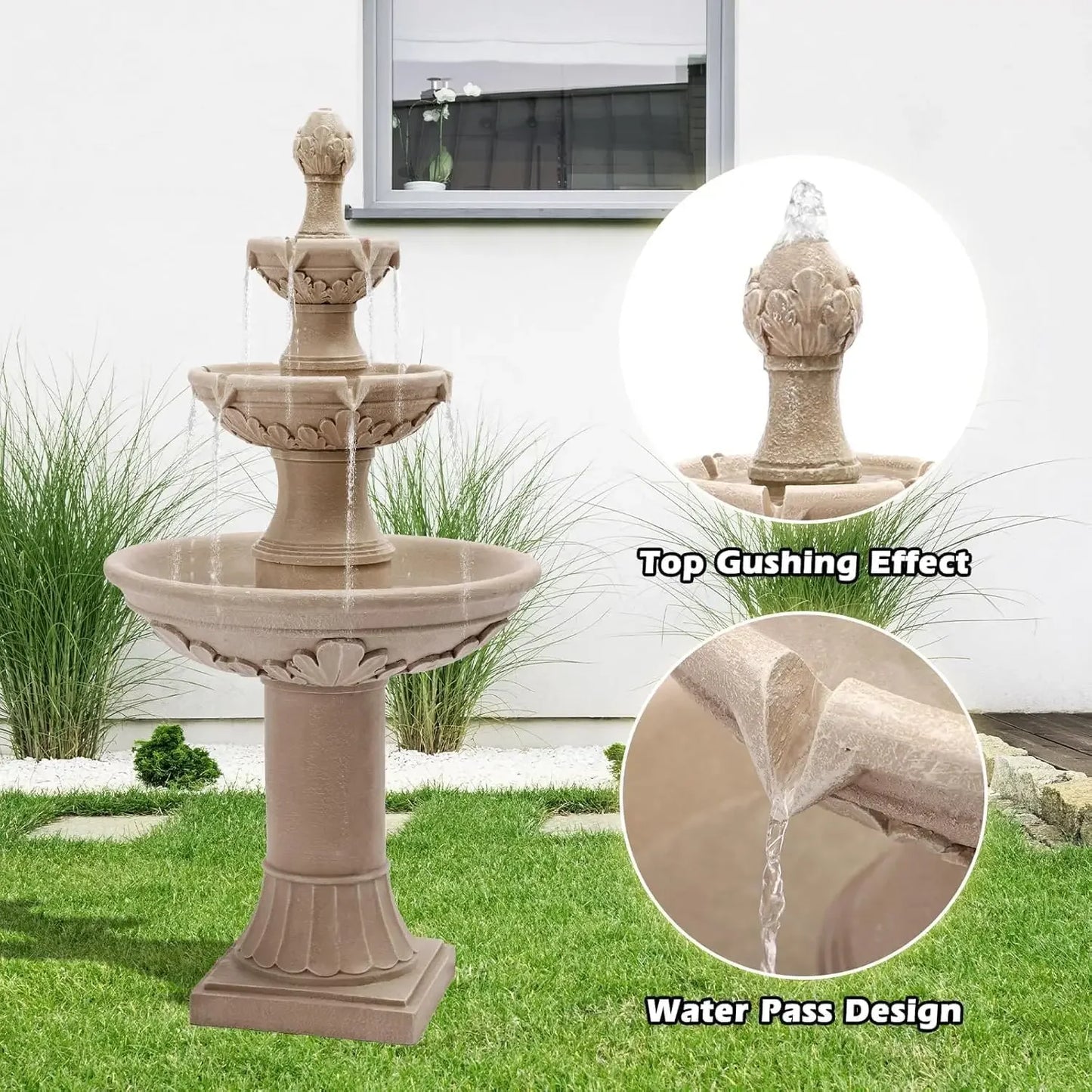 Outdoor Fountains and Waterfalls, 48.4" H Bubbler Floor Waterfall Fountain with Pineapple Top and Pump, 3 Tiered
