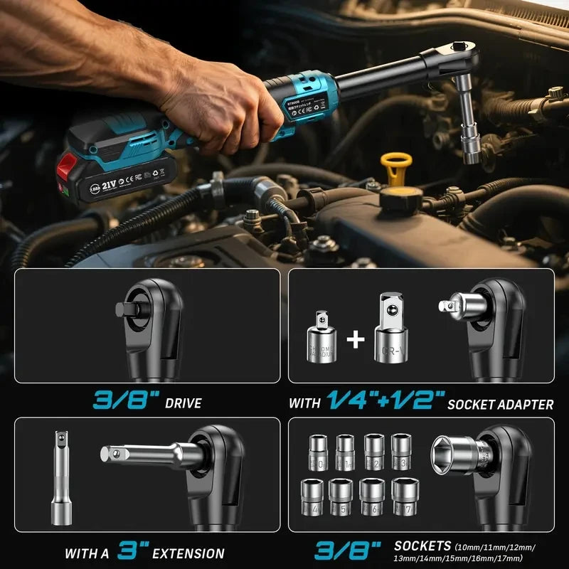 3/8" 21V Cordless Electric Wrench 80Nm, 6.3'' Extended Electric Ratchet Wrench, Rechargeable Angle Wrench Car Repair Tools