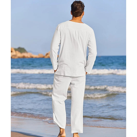 Men s Summer Cotton Linen Solid Color Long Sleeve Henley Shirt Elastic Waist Drawstring Pants 2 Pieces