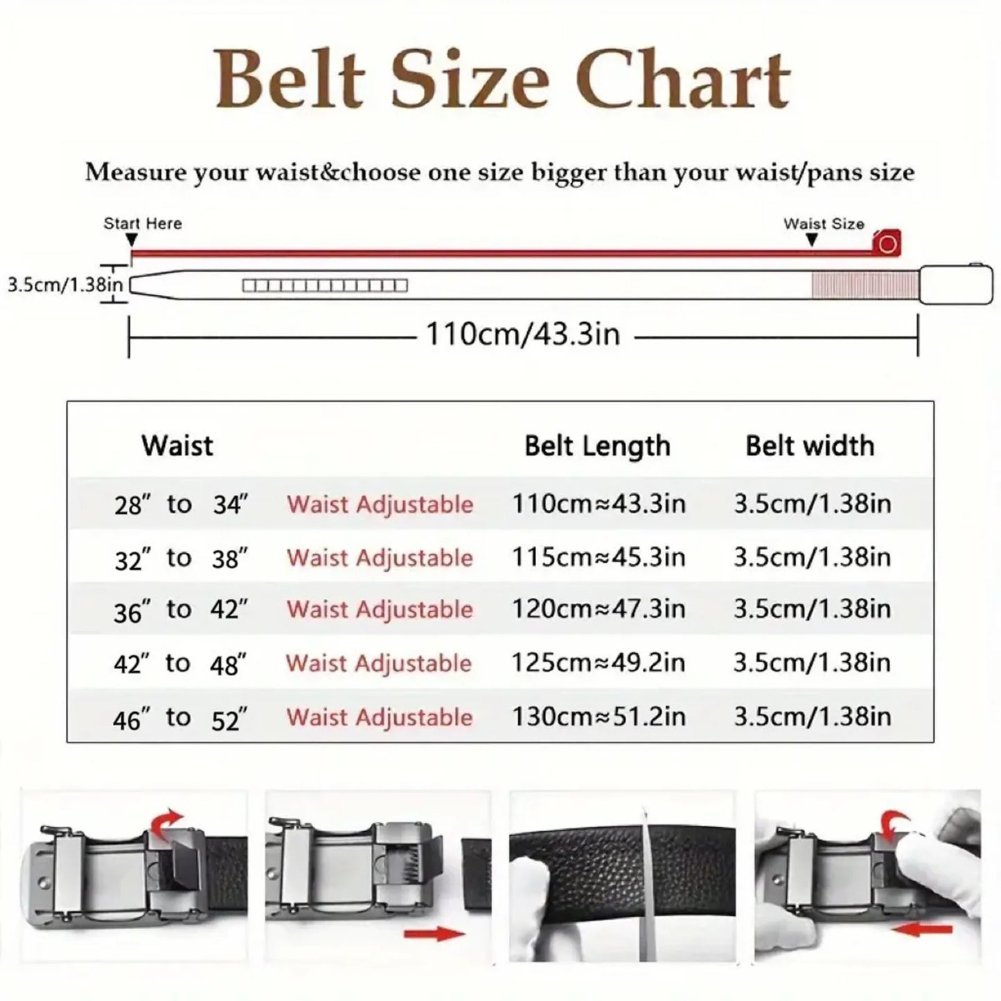 3.5cm Width High Quality Second Layer Cow Leather Belt For Men, Metal Automatic Buckle Ratchet Black Brown