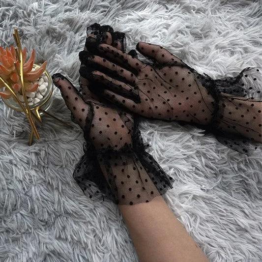 Transparent Dot Print Black White Mesh Tulle Glove