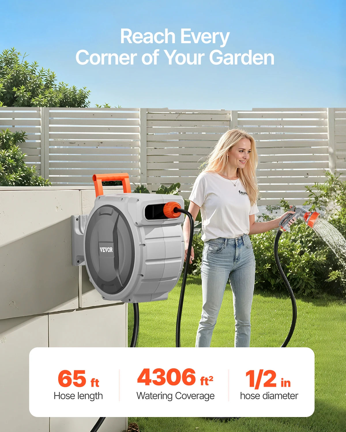 Retractable Garden Hose Reel, Wall Mounted Hose Reel, Heavy Duty Reel with 9 Patterns Nozzle Swivel Bracket