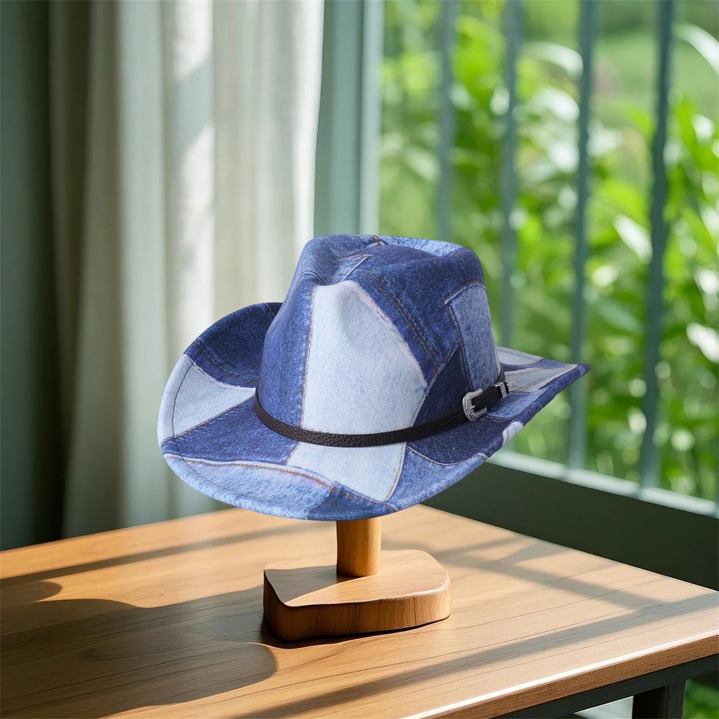 Vintage Style Distressed Denim Cowboy Hat with Ornate Concho Detail Unisex Rodeo Cap