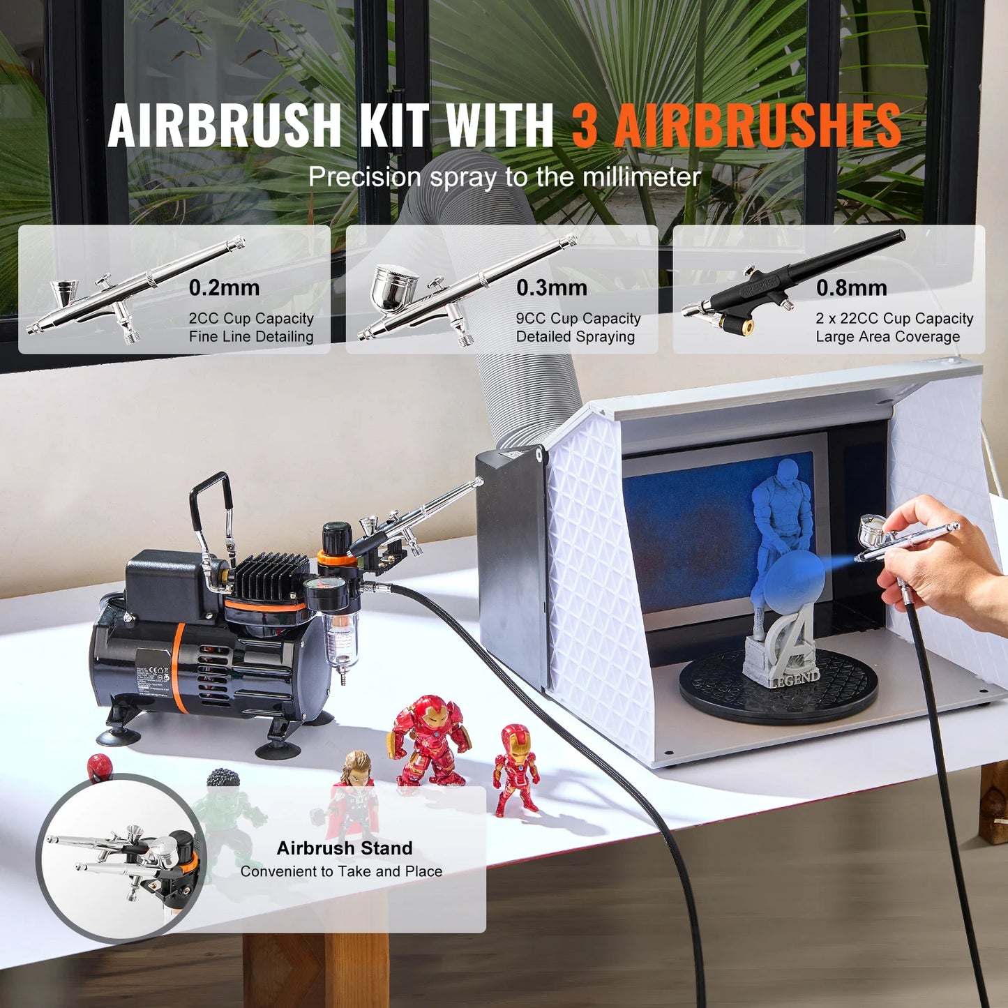 Airbrush Kit, Dual Fan Air Compressor, Professional Airbrushing System, Airbrushes, Mixing Wheel, Cleaning Brush Set