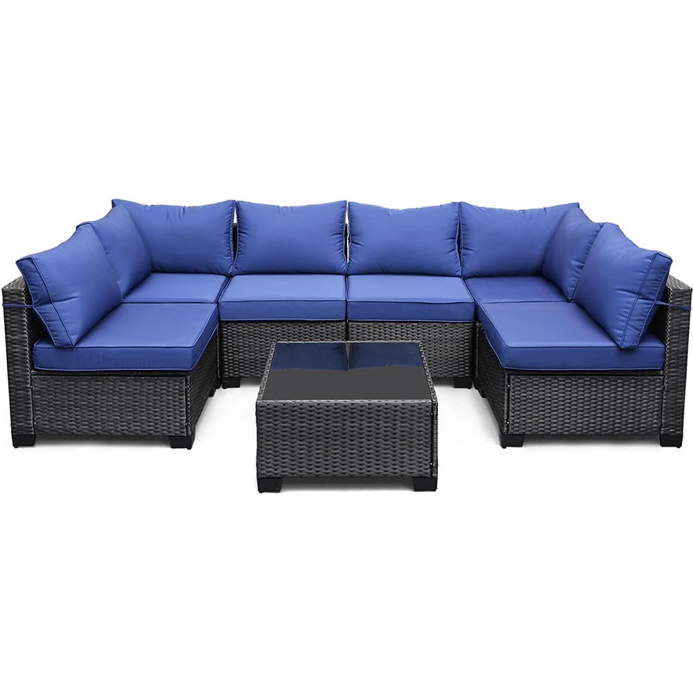 7-Piece Sectional Patio Set, Wicker Outdoor Sofa With Cushions & Glass Coffee Table