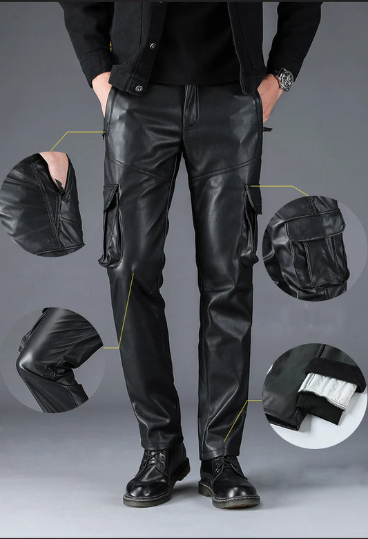 Men, Women's Multi Pockets Motorcycle Soft Waterproof Windproof Biker Faux Leather Cargo Pants