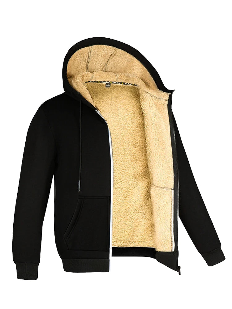 Winter Lambswool Coat, Thicken Warm Long Sleeve, Zipper Hoodie, Fleece Black Hooded Men Women Jacket
