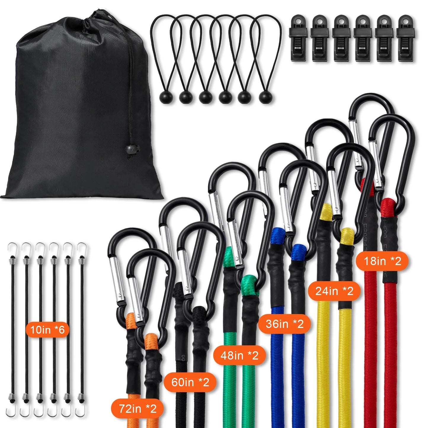 30pcs Elastic Bungee Cords Assortment with Steel Hooks