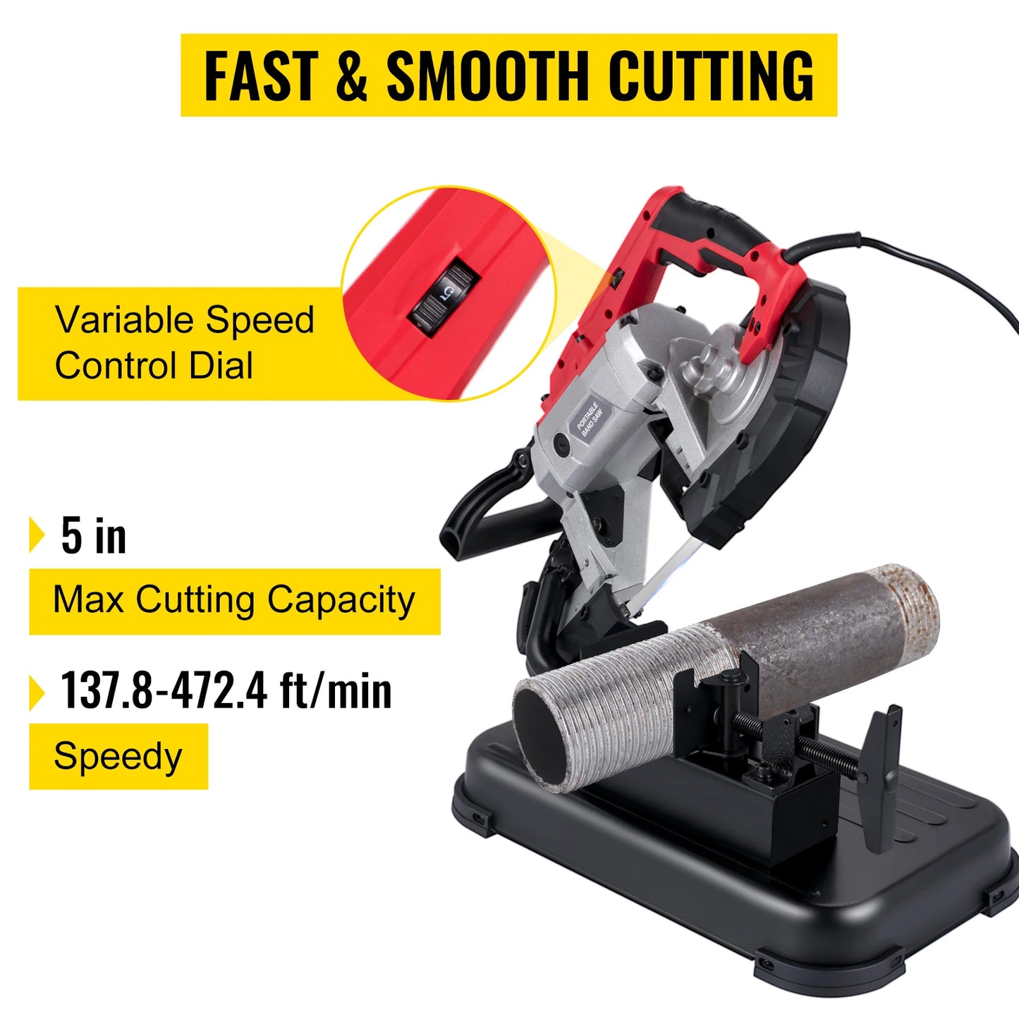 Portable Band Saw, 5Inch Cutting Capacity. Cordless Variable Speed 10Amp Motor, Deep Cut Bandsaw for Metal Wood Pipes Rebar