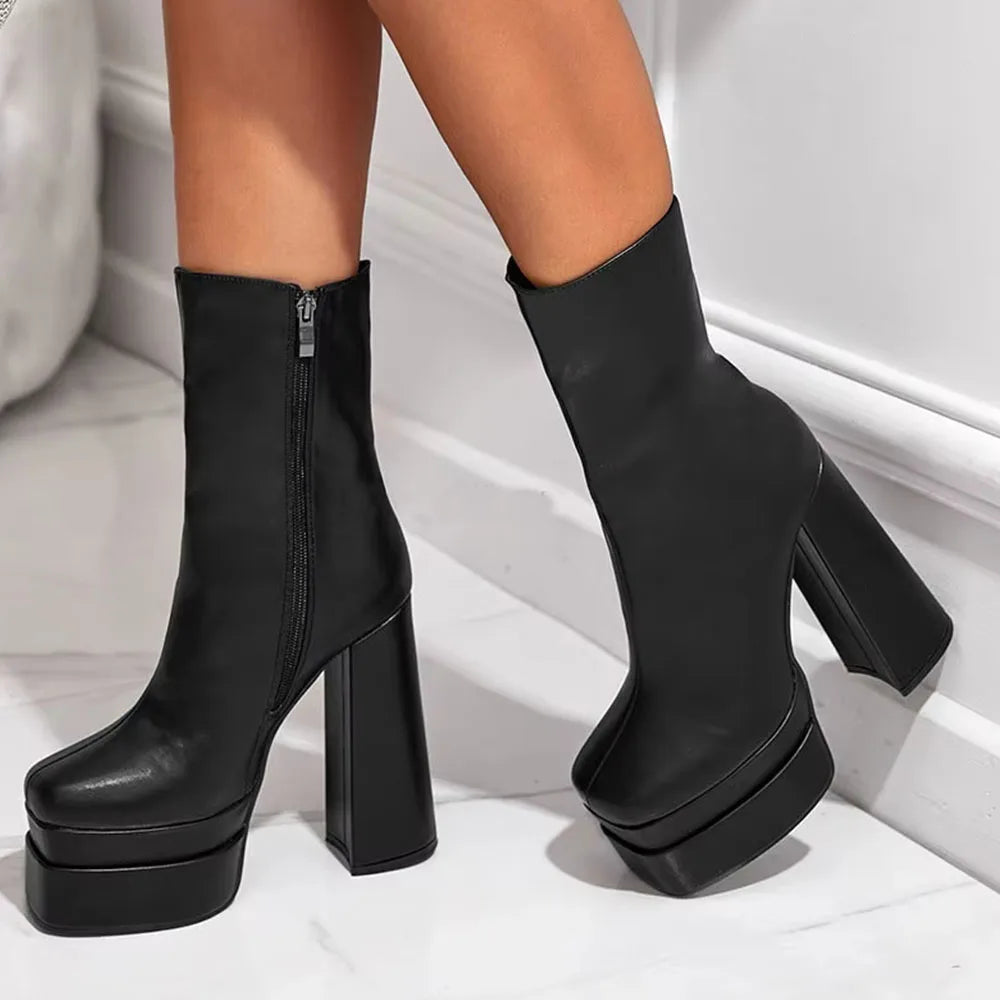 Platform  Heel Women's Mid-calf Boots Side Zipper
