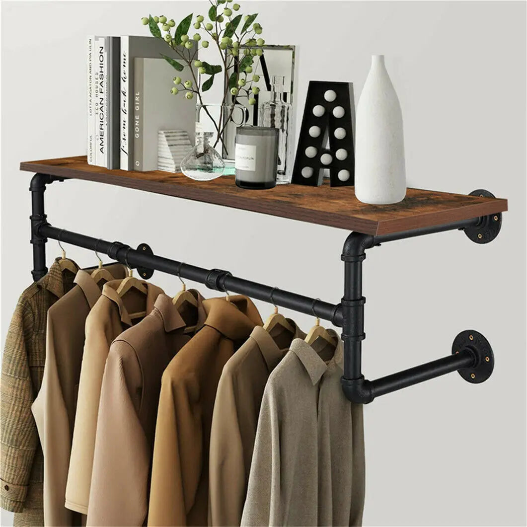 Industrial Pipe Clothing Rack, Wall Mounted  Pipe Shelving with wooden top shelf