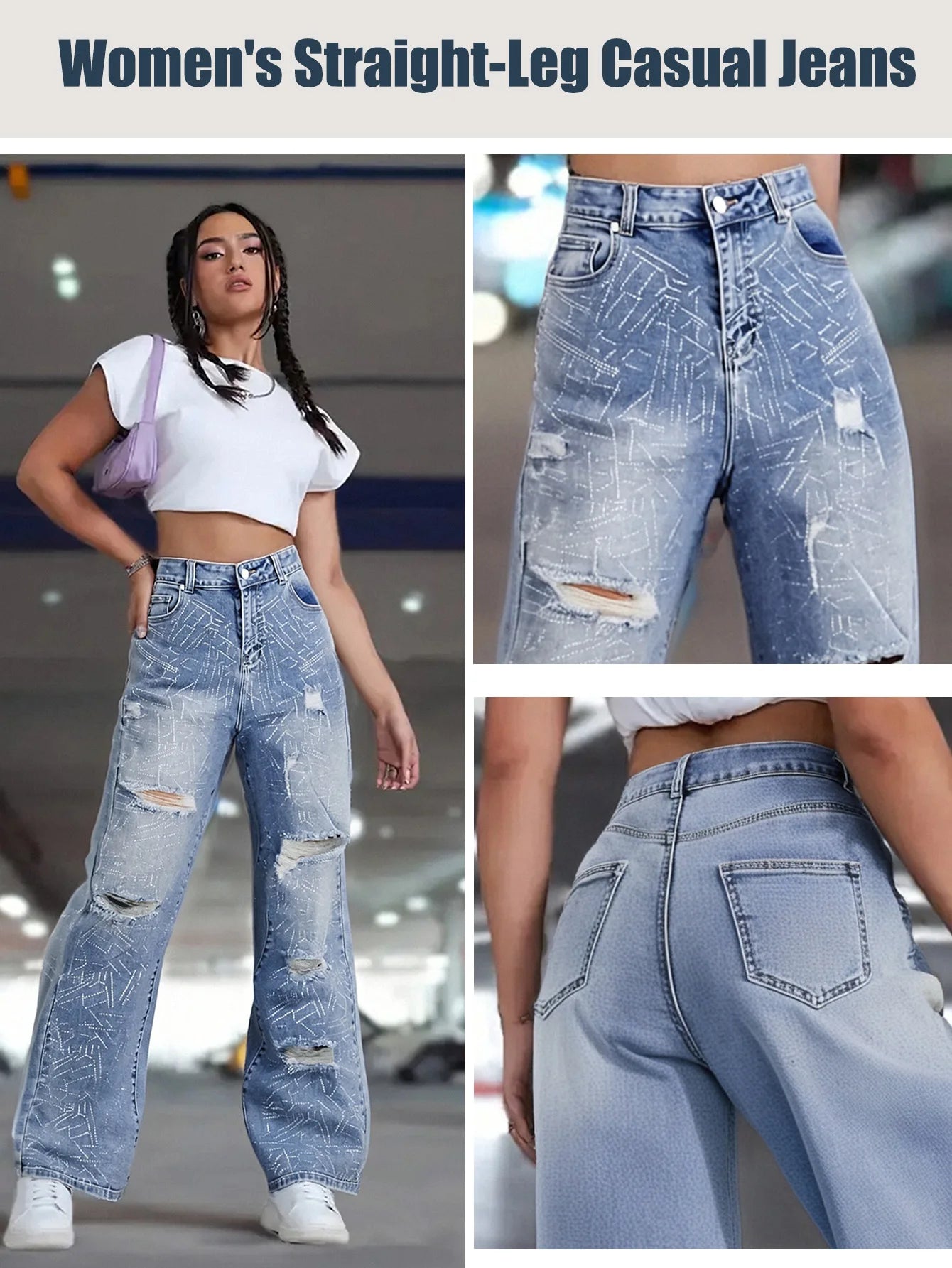 Women's Light Blue Wide-Leg Jeans, Distressed Design
