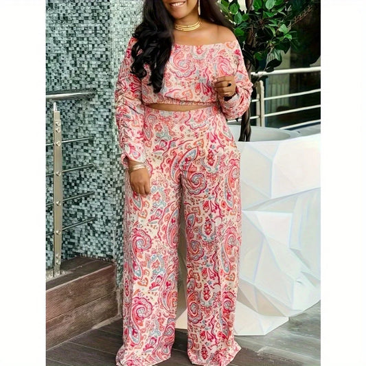 Casual Mix and Match Printed Off-shoulder Long-sleeved Two-piece Suit