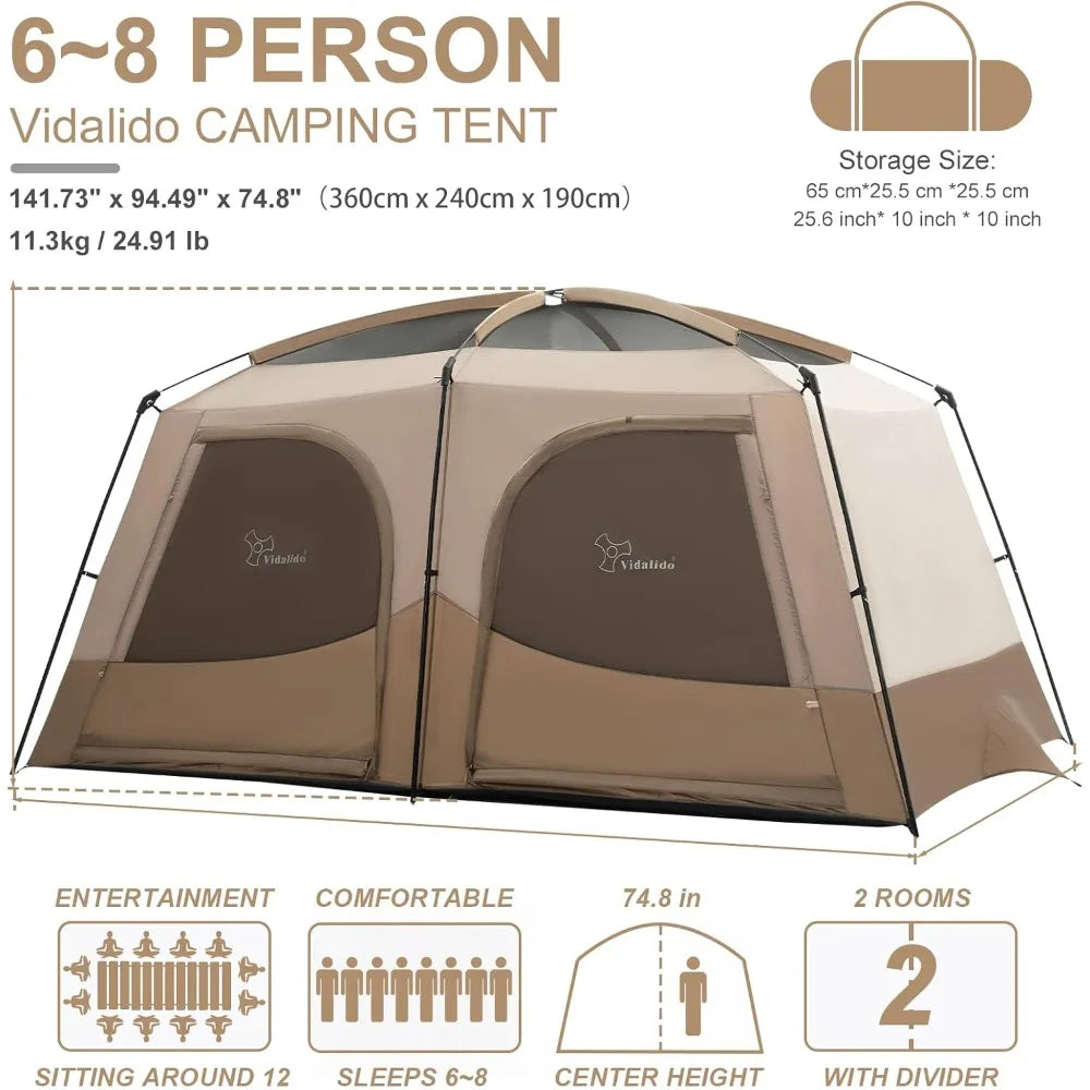 6-8 Person Camping Tent with Extended Vestibule，2 Room Weather Resistant