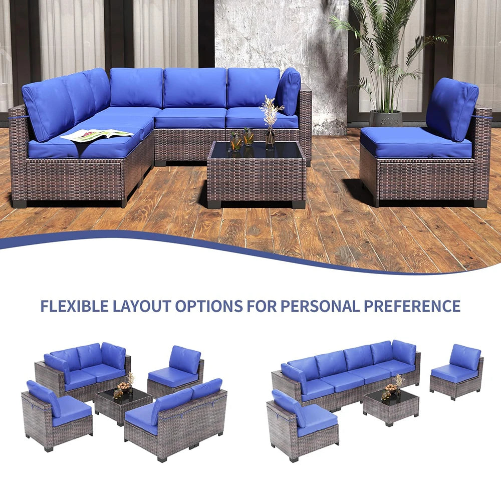 7-Piece Sectional Patio Set, Wicker Outdoor Sofa With Cushions & Glass Coffee Table