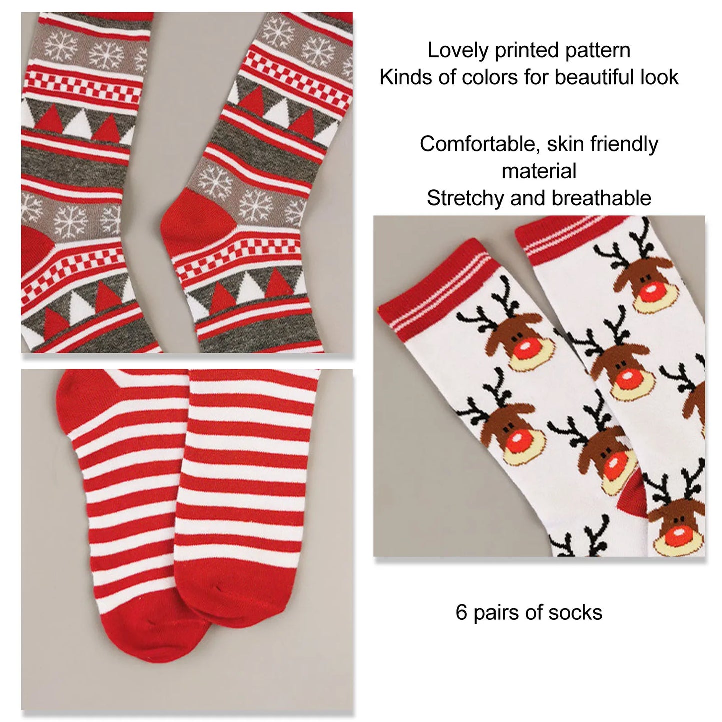 6 Pairs Christmas Socks Colorful Printed Pattern Holiday Socks