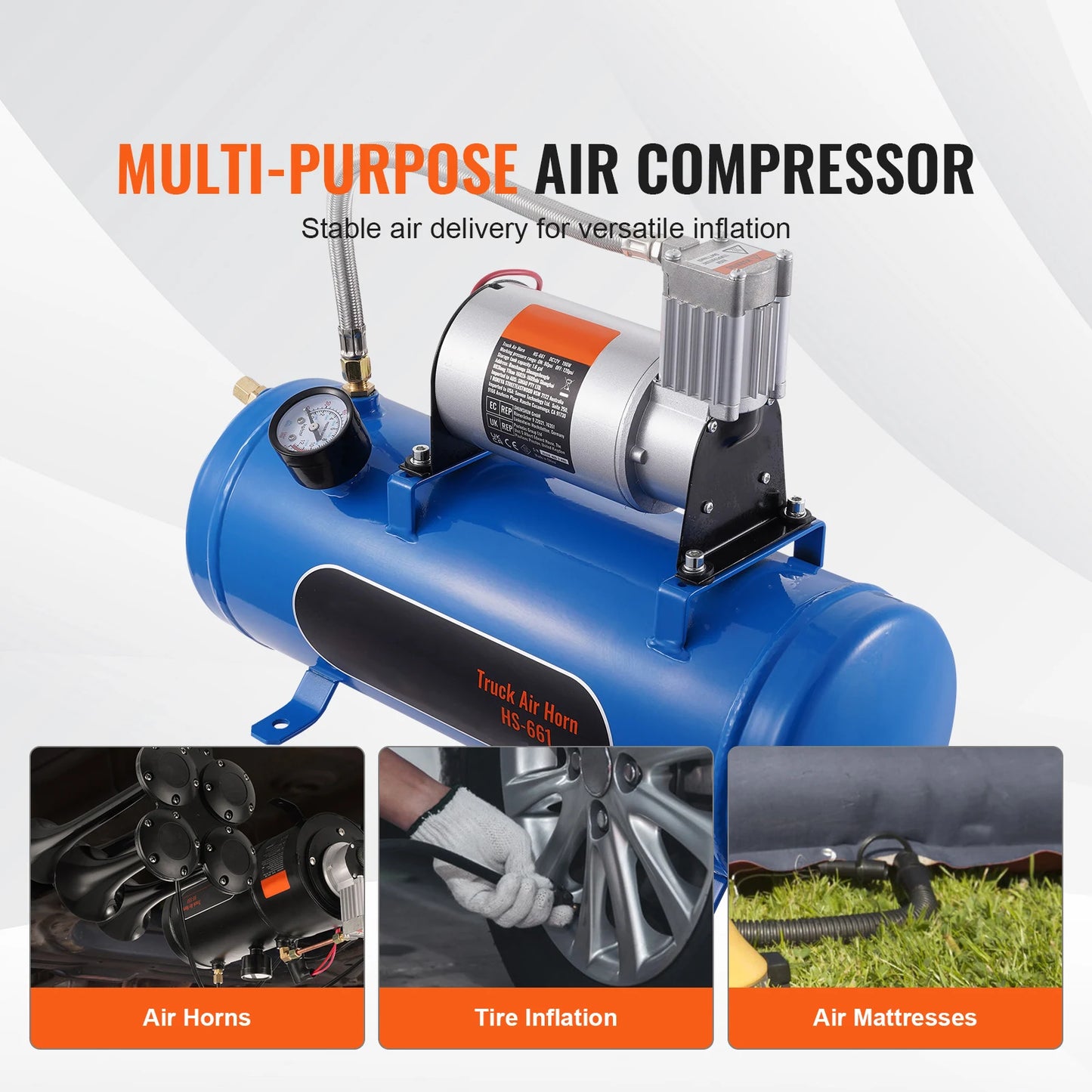 12V Air Compressor with Tank. 1.6 Gallon/6 L , 120 psi Air Compressor System for Air Horns, Inflating tires, Rafts, ect