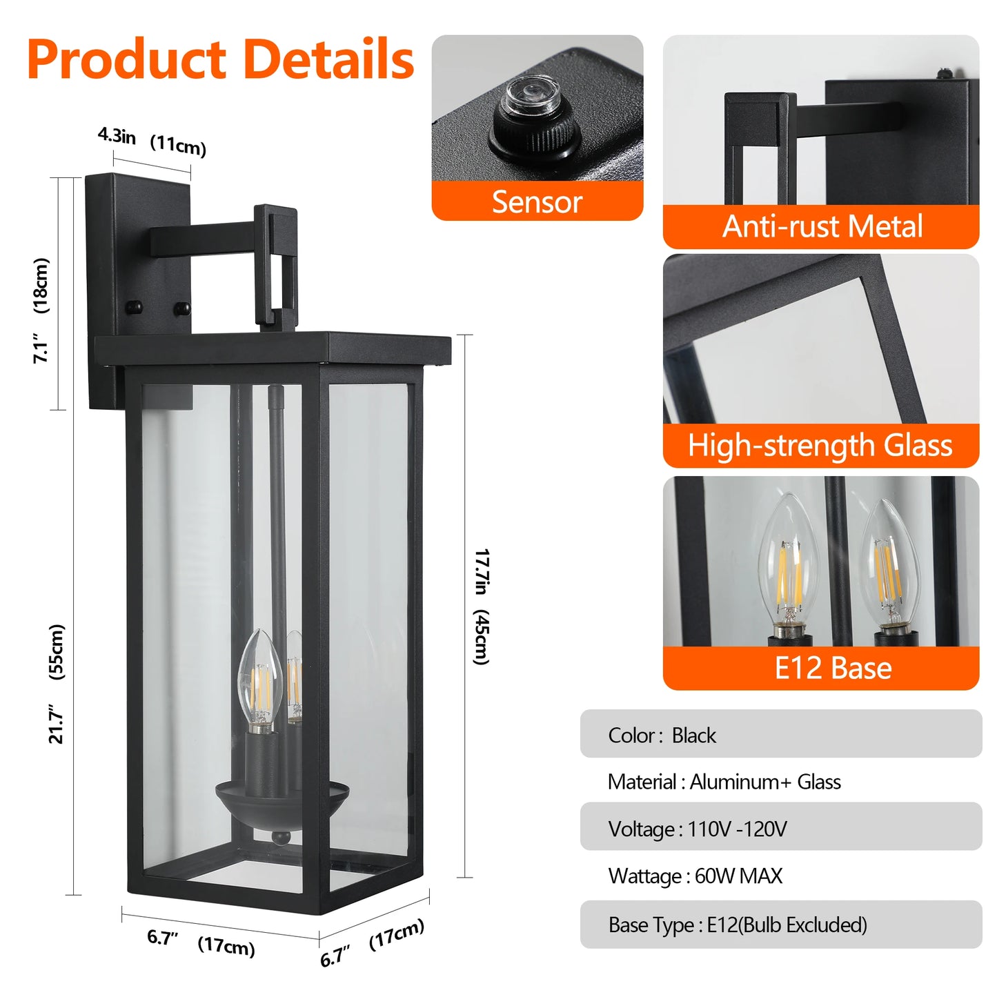 22"(H) Outdoor Wall Lantern with Dusk to Dawn Sensor. Matte Black Finish Clear Glass Panels, Weatherproof Exterior Light