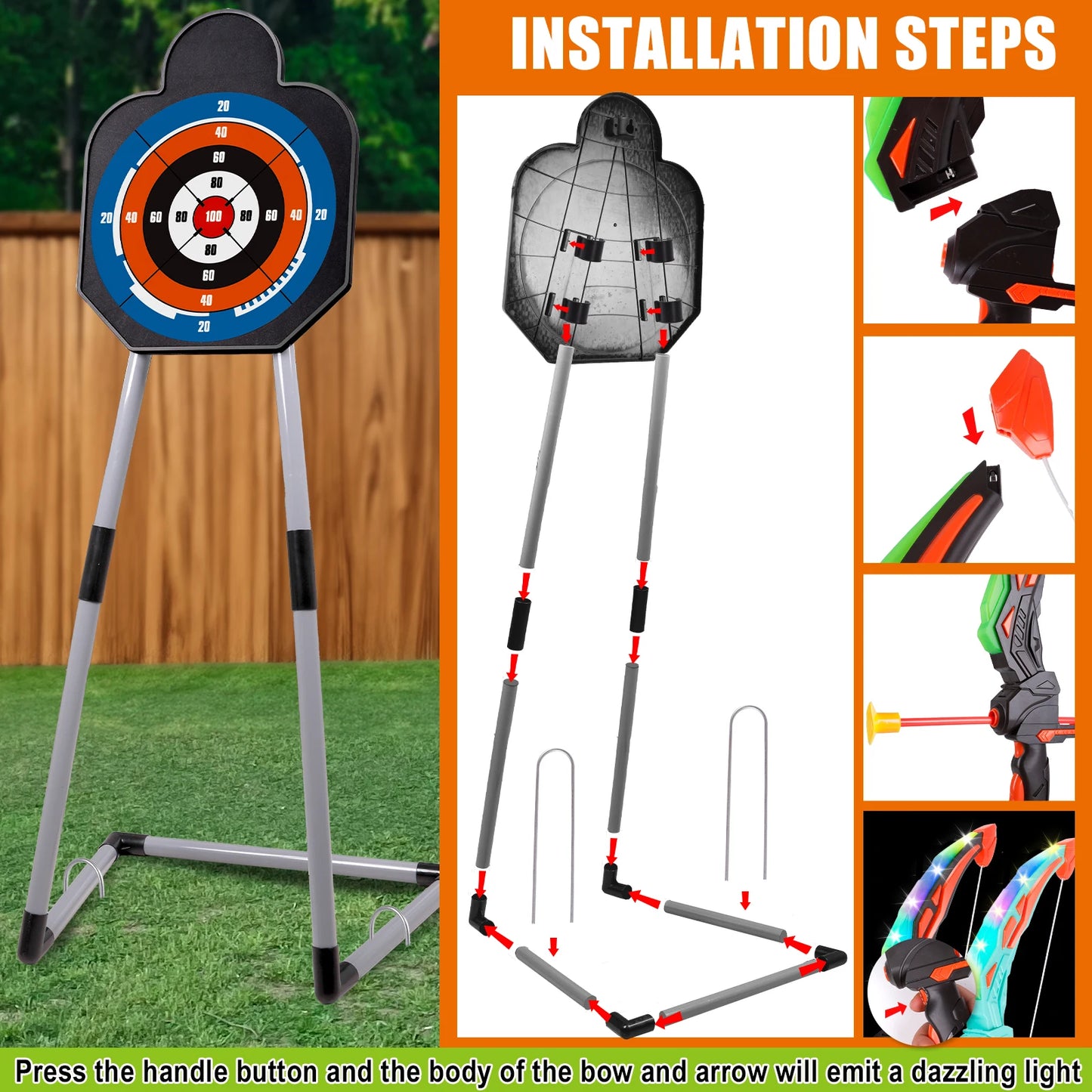 2 Bow and Arrow Sets with LED Light-up, 2 Foam Dart Guns for Kids 5 6 7 8 9 10+, Archery Set with Standing Target for Boys Girls