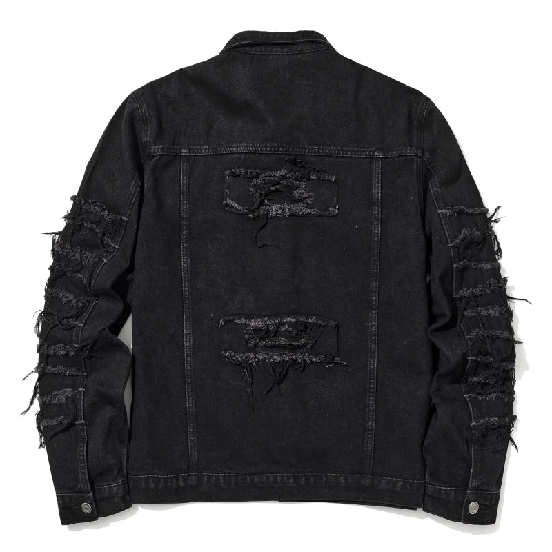 Men's Destroyed Jeans Jacket With Patchwork  Ripped Denim