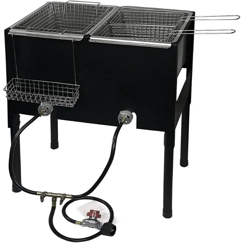 148,000 BTU High-Pressure Triple Basket Deep Fryer Dual Burner Propane Fish Cooker, Fry Basket